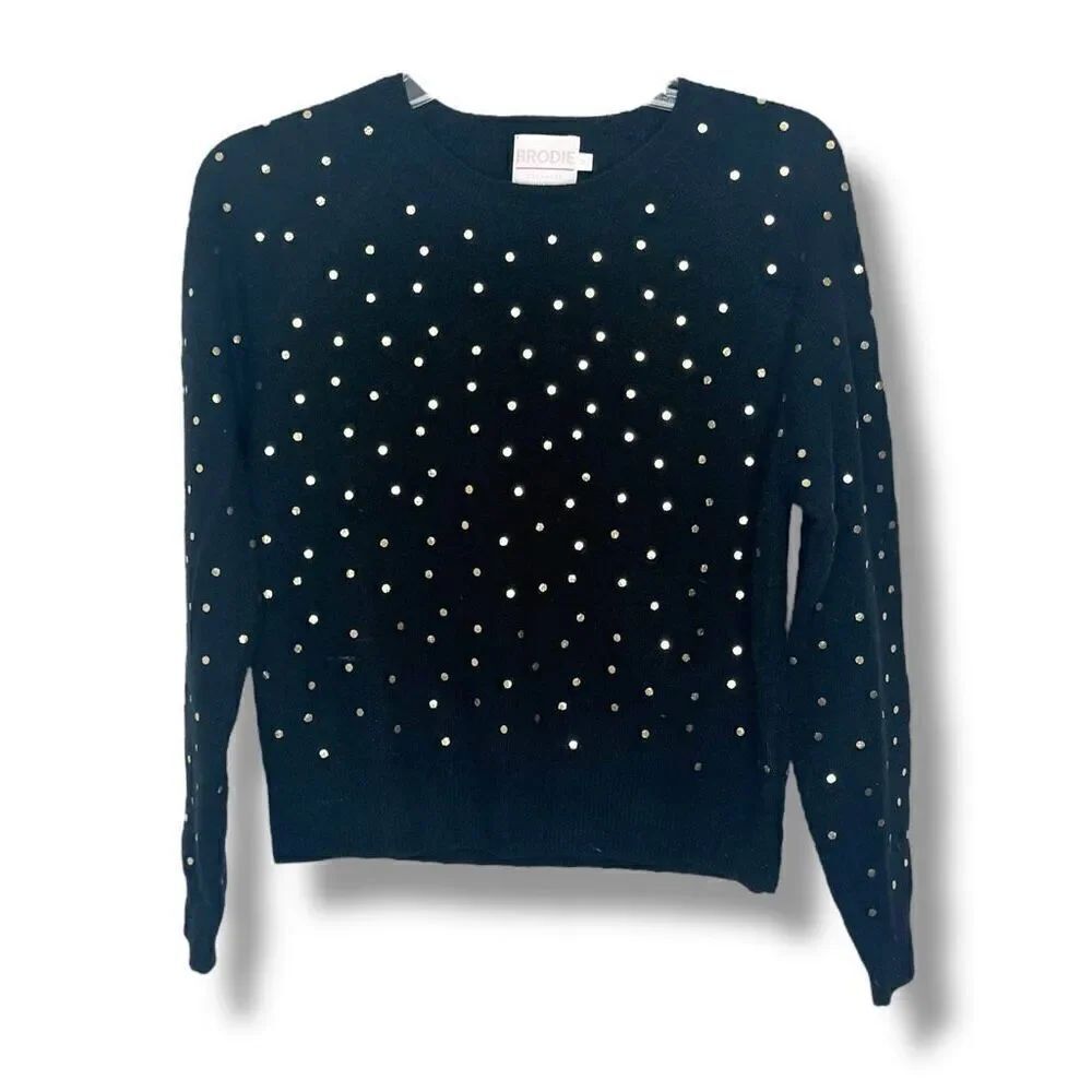 Brodie Black Cashmere Sweater with Metallic Gold Polka Dots Women’s Size Small S